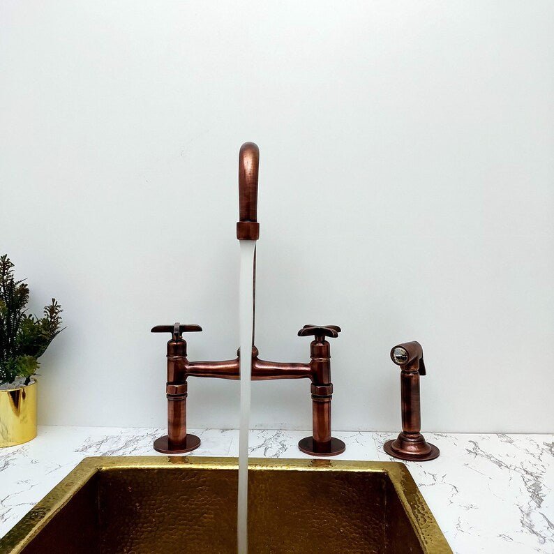 Solid Copper Bridge Faucet, Copper Kitchen Faucet, Kitchen Sink Faucet with Dual Cross Handles, and with Water Sprayer
