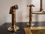 Unlacquered Brass Bridge Faucet , Brass sink faucet with solid brass kitchen hand sprayer & cold faucet