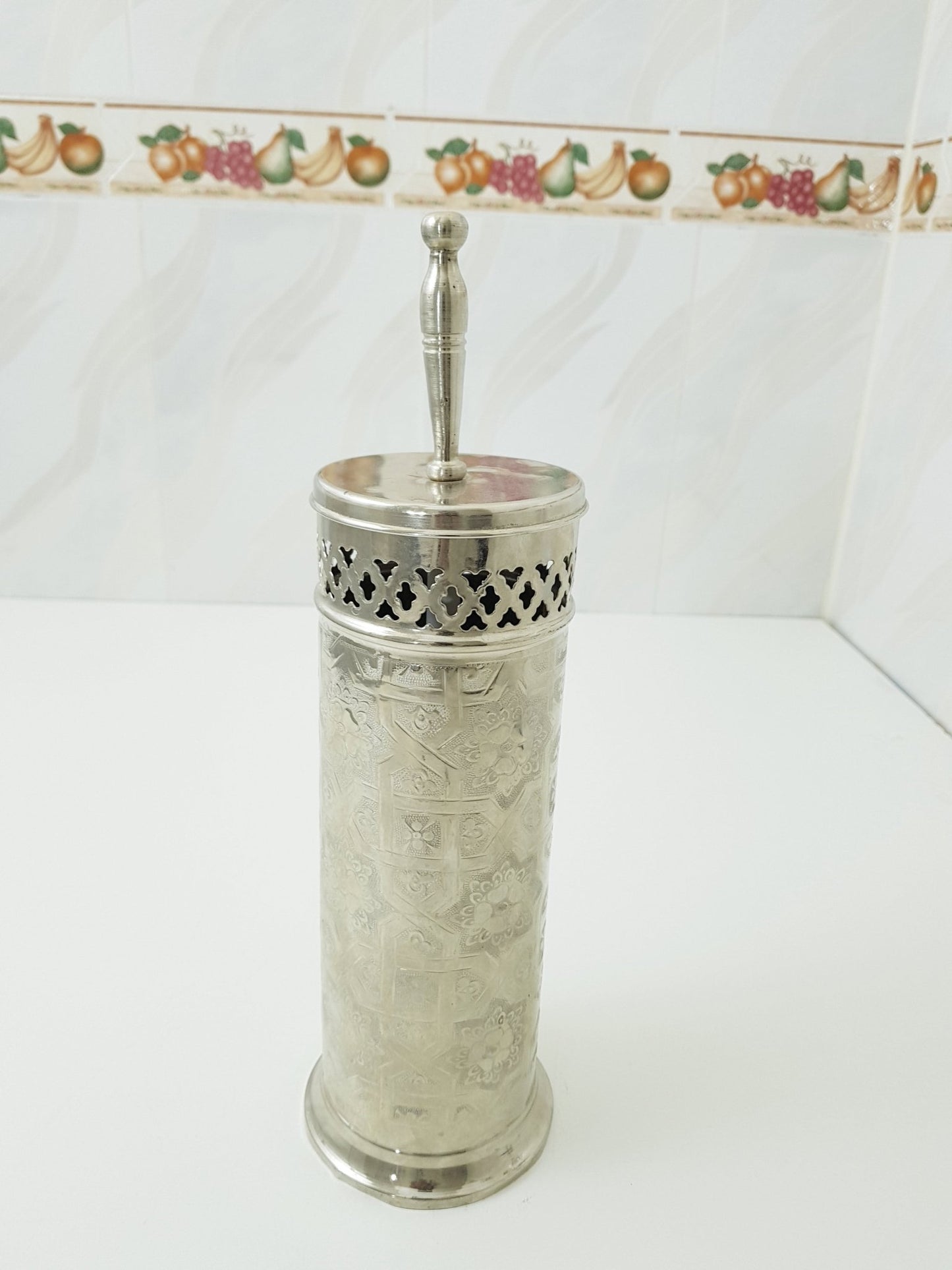 Silver toilet brush holder ; Engraved solid silver ; handmade toilet brush holder ;floor mount toilet brush holder