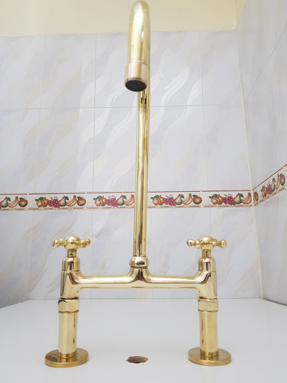 Brass Bridge Kitchen Faucet 8 inch spread