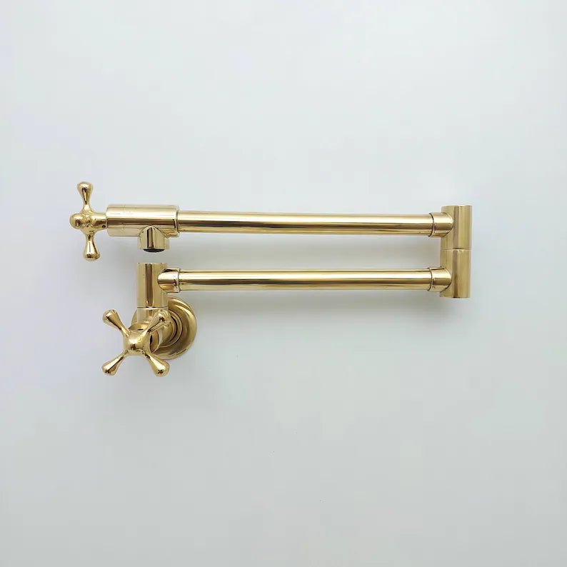 Topfarmatur aus unlackiertem Messing mit Kreuzgriff, Küchen-Topfarmatur, antike Wand-Topfarmatur, Pastaarmatur, Doppelgelenk-Schwenkarme 