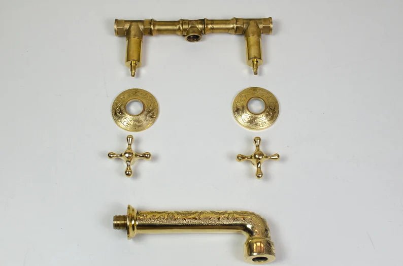 Robinet mural en laiton non verni, robinet d'évier en laiton antique gravé avec vanne d'encastrement 