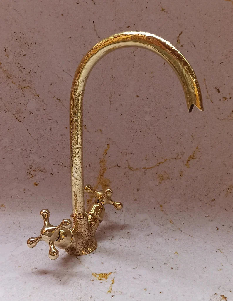 Moroccan Engraved Brass Faucet Tap,Unlacquered Brass Kitchen Faucet,Brass Wash Basin Faucet,Swan Neck Brass Faucet,Gooseneck Faucet