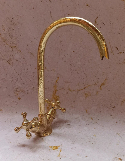 Moroccan Engraved Brass Faucet Tap,Unlacquered Brass Kitchen Faucet,Brass Wash Basin Faucet,Swan Neck Brass Faucet,Gooseneck Faucet