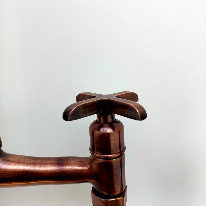Solid Copper Bridge Faucet, Copper Kitchen Faucet, Kitchen Sink Faucet with Dual Lever Handles, and with Water Sprayer