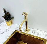 Low Arc, Unlacquered Brass Vanity Faucet, Cross Handle