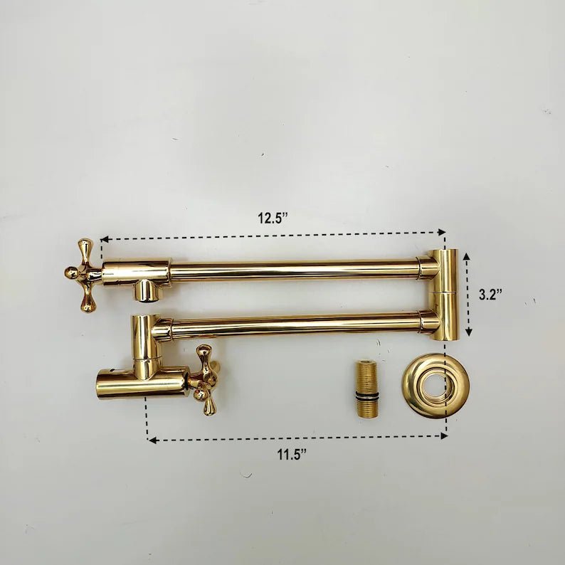 Topfarmatur aus unlackiertem Messing mit Kreuzgriff, Küchen-Topfarmatur, antike Wand-Topfarmatur, Pastaarmatur, Doppelgelenk-Schwenkarme 