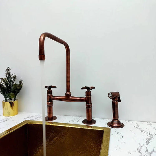 Solid Copper Bridge Faucet, Copper Kitchen Faucet, Kitchen Sink Faucet with Dual Lever Handles, and with Water Sprayer
