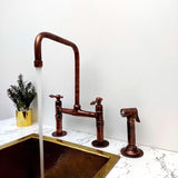 Solid Copper Bridge Faucet, Copper Kitchen Faucet, Kitchen Sink Faucet with Dual Lever Handles, and with Water Sprayer