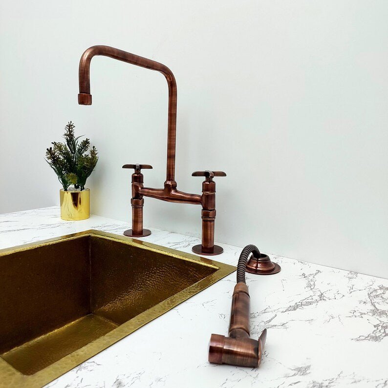 Solid Copper Bridge Faucet, Copper Kitchen Faucet, Kitchen Sink Faucet with Dual Lever Handles, and with Water Sprayer