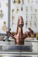 Single Hole Unlacquered Copper Bathroom Faucet, Bathroom Sink Vanity Faucet with Simple Cross Handles