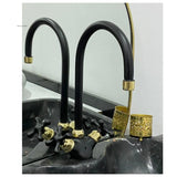 Gooseneck Bathroom Solid , Unlacquered Black Brass and gold Faucet with Simple Cross Handles, Vintage vanity