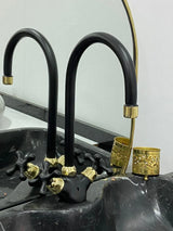 Gooseneck Bathroom Solid , Unlacquered Black Brass and gold Faucet with Simple Cross Handles, Vintage vanity