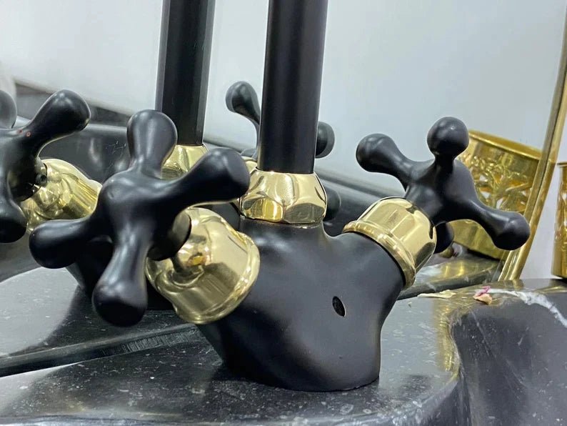 Gooseneck Bathroom Solid , Unlacquered Black Brass and gold Faucet with Simple Cross Handles, Vintage vanity