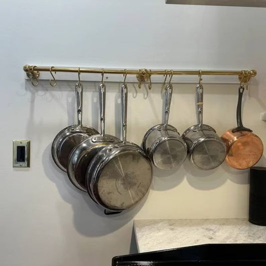 Support suspendu en laiton massif non verni pour casseroles et poêles, crochet de suspension en laiton, barre de suspension pour cuisine, crochets de suspension pour la cuisine, organisateur de rangement pour la cuisine 
