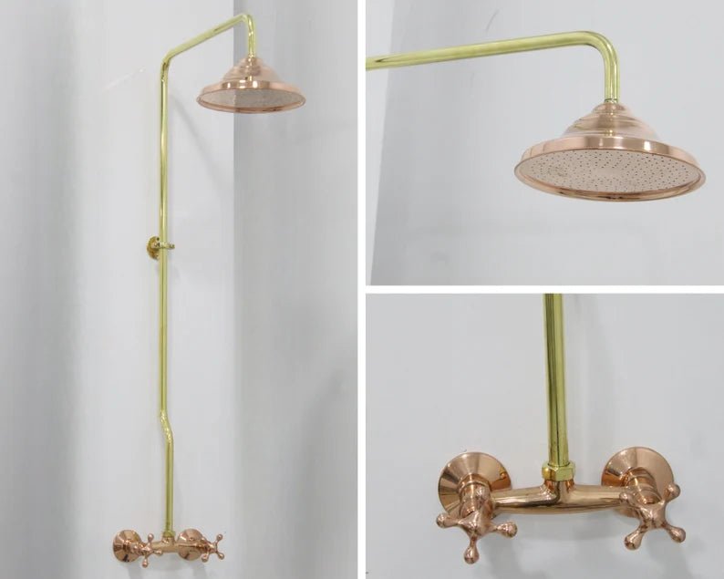 Unlacquered Brass And Copper Shower System High Pressure, Copper Pipe Shower , Outstanding Shower System with round Head Shower