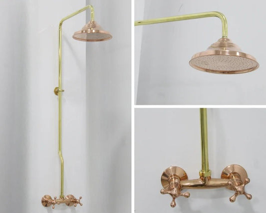 Unlacquered Brass And Copper Shower System High Pressure, Copper Pipe Shower , Outstanding Shower System with round Head Shower