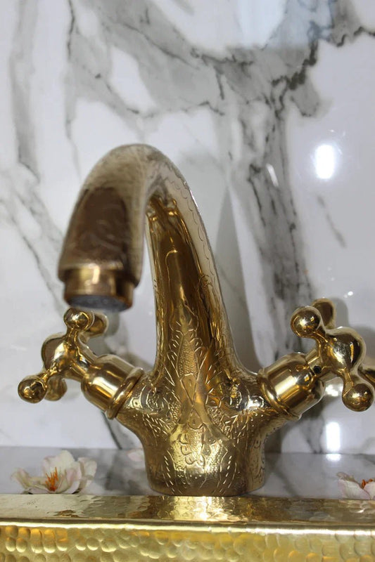 Single Hole Unlacquered Brass Bathroom Faucet , Bathroom Sink Vanity Faucet with Simple Cross Handles , Engraved Vintage Moroccan Faucet